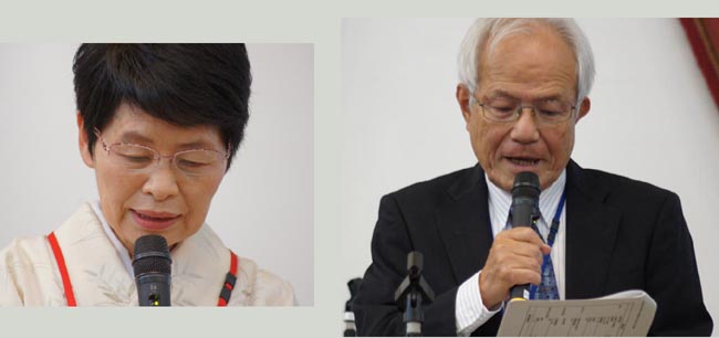 活動計算書の報告をする藤井久美子事務局長と、監査報告する林寛治監事